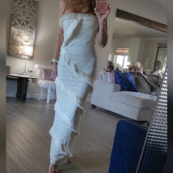 PatBO Dresses & Skirts - Patbo Crochet Strapless Fringe Trim Maxi Dress